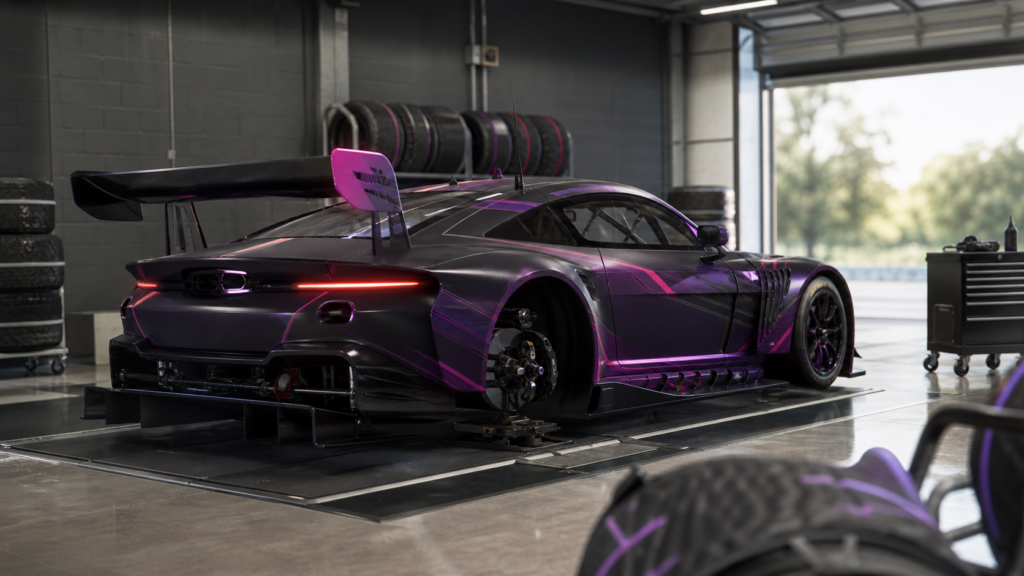 GT3 race car in a simulator garage for Assetto Corsa EVO 0.7 development news