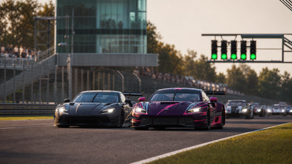 GT3 cars launching from a start grid for a sim racing season update news card