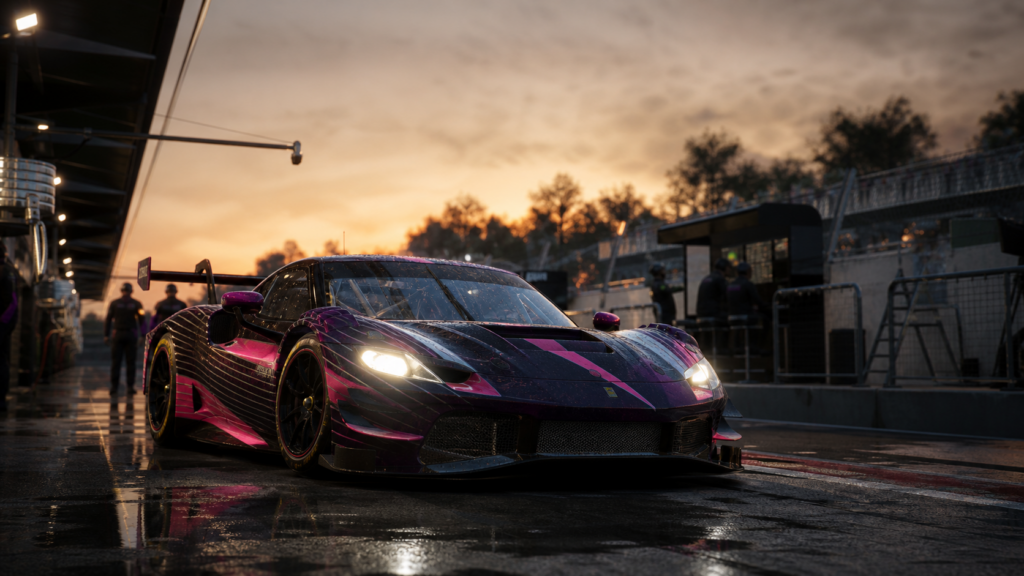 GT3 race car in RaceVIPClub colors on a wet pit lane for the FREE Monza sprint server announcement