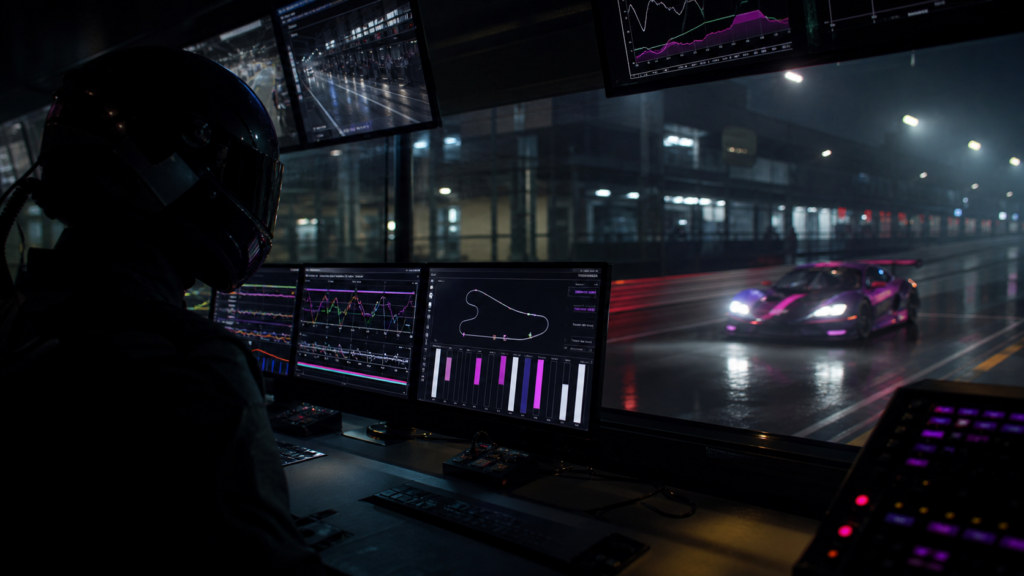Race engineer telemetry monitors watching a GT3 car pass at night for RaceVIPClub live leaderboard update