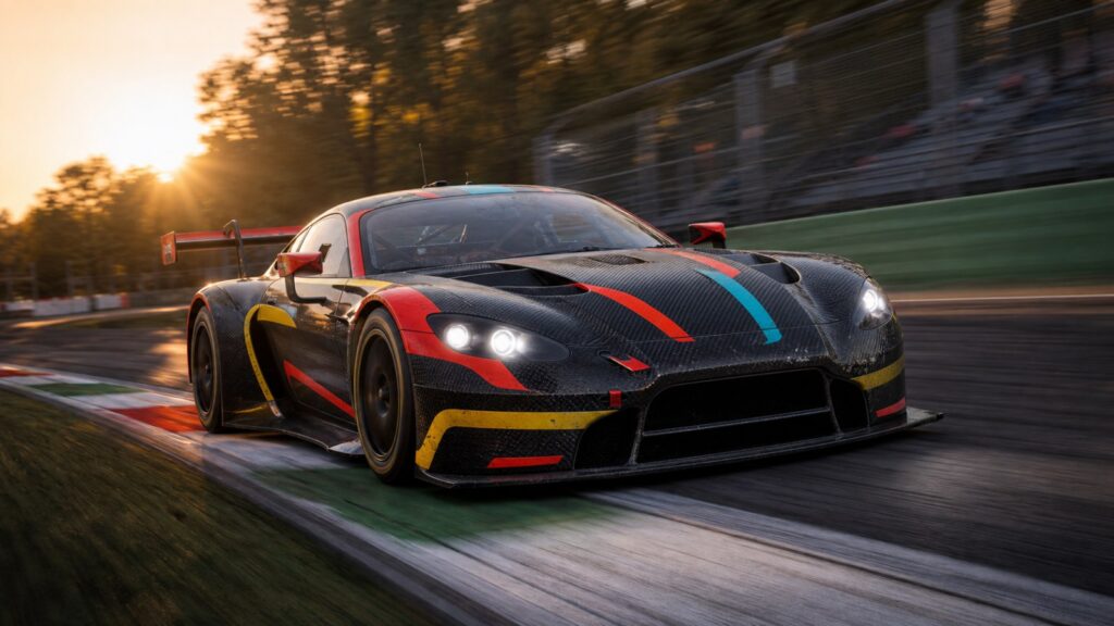 Black GT3 race car with RaceVIP racing colors attacking a Monza curb at golden hour