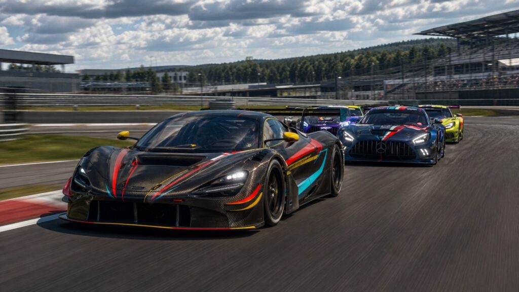Close pack of GT3 cars racing on a circuit with RaceVIP carbon red yellow cyan colors