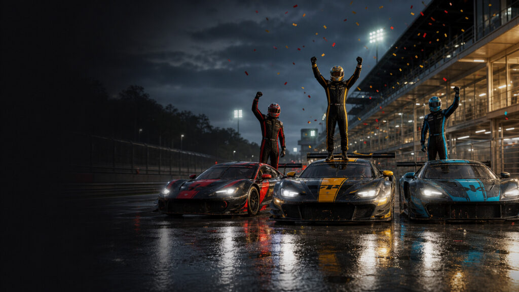 GT3 cars and podium celebration for RaceVIP sim racing weekly challenge news