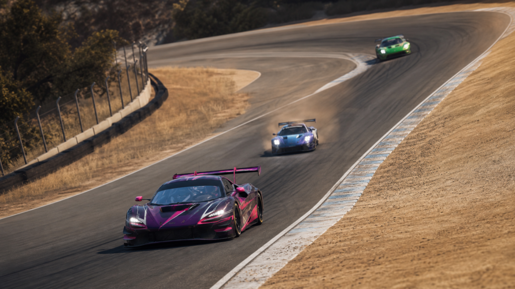 GT3 car dropping through a corkscrew-style road course corner for Rennsport Coast to Coast news
