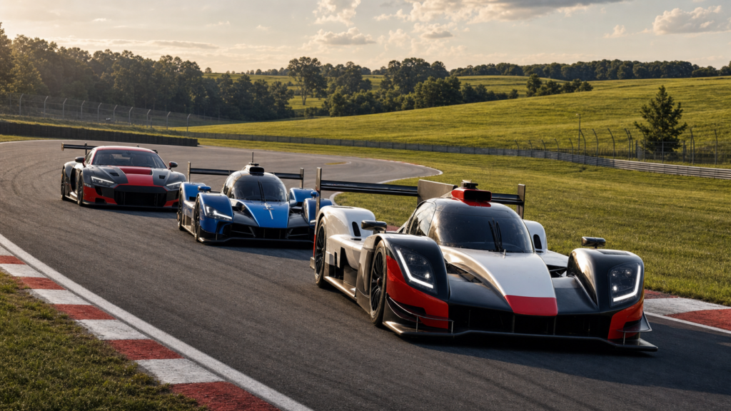 A prototype leads LMP2 and GT3-style cars through a green Wisconsin road course
